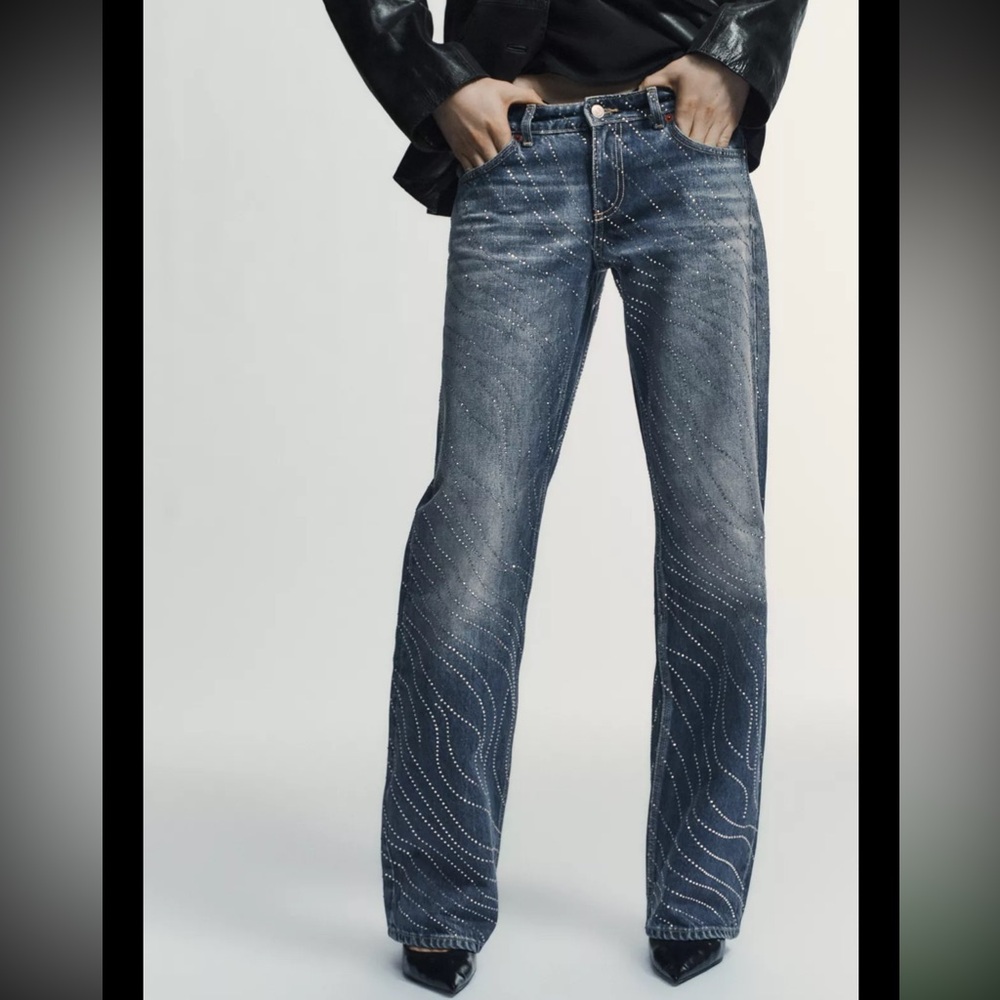 TRF LOW RISE WIDE LEG RHINESTONE JEANS